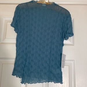 Rebellious Dreamer Asymmetrical Pattern Sheer  Aqua Blouse with Sexy Slit M